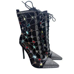 Azalea Wang Diamond Dream Lace Up Gem Black Mesh Jewel Booties Size 8 Ladies